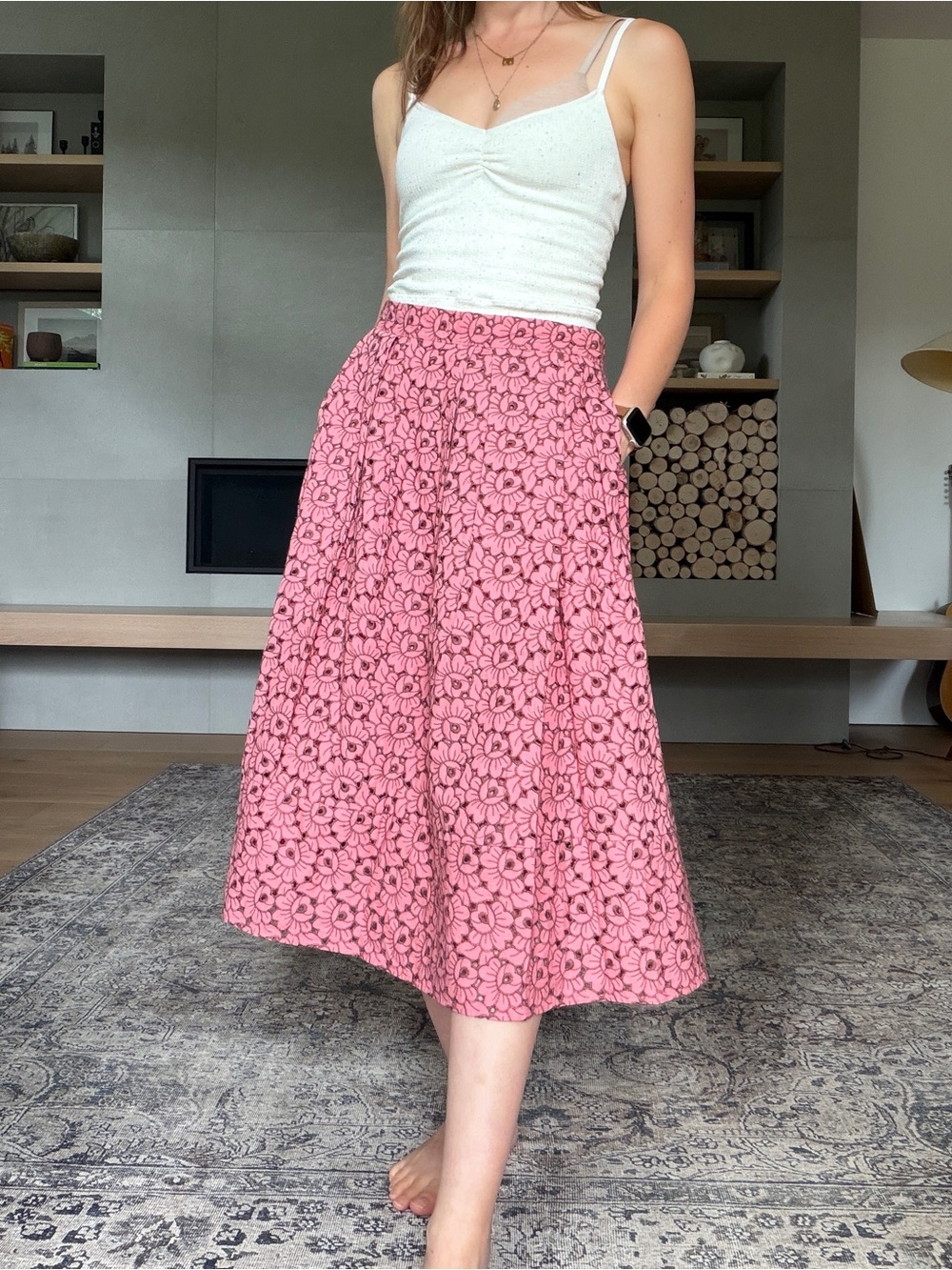 Anthropologie Pink Floral Midi Skirt